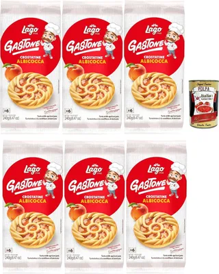 Produktbild von Lago 1968, Le Merende di Gastone Crostatine all'Albicocca, Aprikosentörtchen kuchen, einzeln verpackt, Aprikosenmarmelade, Kindersnack ohne Palmöl 6x 240g + Italian Gourmet polpa 400g