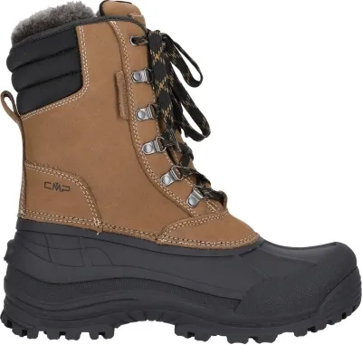 A single brown and black snow boot is shown against a white background.