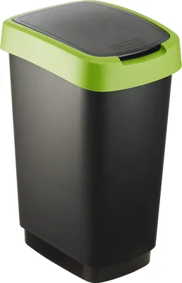 A black trash can with a green lid is shown against a white background.