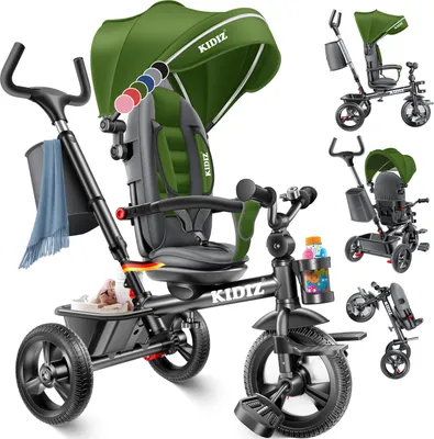 Produktbild von KIDIZ® Dreirad 5in1 Kinderdreirad mit Schubstange Lenksystem Stange ab 1 Jahr vorwärts und Rückwärtsfahrt Jogger ,  Korb Tasche Getränkehalter Sonnendach Gummiräder, Buggy Fahrrad Baby Klappbar