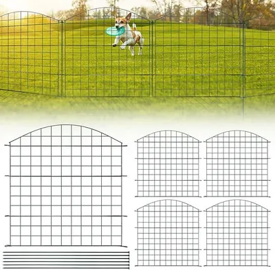 Produktbild von Teichzaun Gartenzaun Steckzaun Komplettset Metall 10 Zaunelemente Länge 7,5 m, Inkl 12 Befestigungsstäbe, Oberbogen Gitterzaun Set für Tierbarriere, Grün