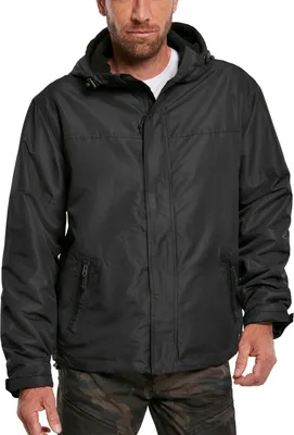 A man wearing a black hooded jacket.