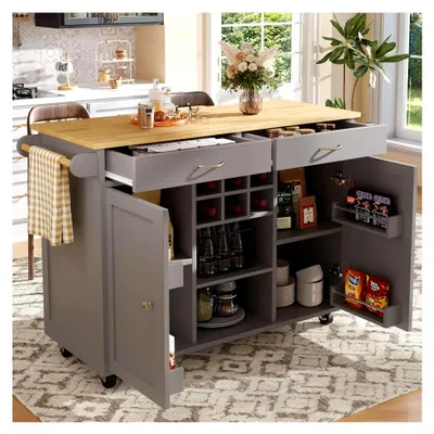 Produktbild von Kücheninsel (102×45×92 cm), Küchenschrank, Buffetschrank, Speisewagen mit Holzmaserung, multifunktionaler Esstisch mit Stauraum, Grau