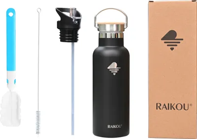 Produktbild von RAIKOU Trinkflasche 500ml Wasserflasche Thermoflasche mit 2 Deckel Schwarz
