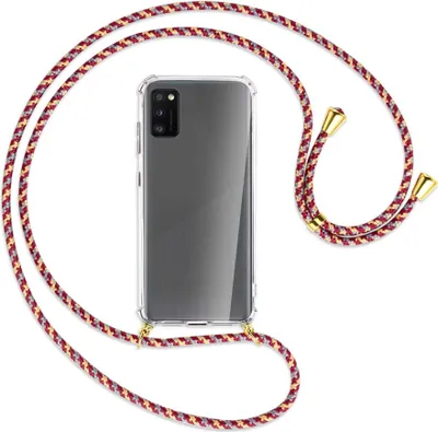 Produktbild von Handykette Backcover-Schutzhülle mit Band (Metall goldfarben) für Samsung Galaxy A41 (A415) - weinrot/gelb/grau