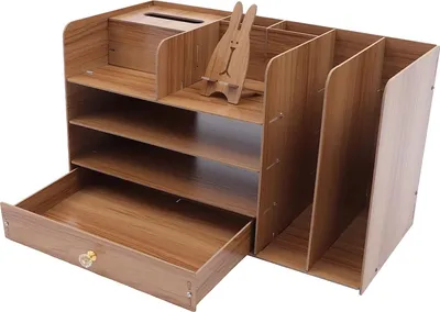 Produktbild von Drewniany organizer na biurko z szufladą na długopisy, pojemnik na czasopisma (wiśnia)