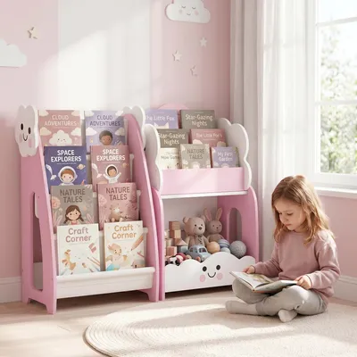 Produktbild von SUGIFT Kinderregal 3-in-1 mit Spielzeugaufbewahrung, Bücherregal, Nachttisch, MDF, Rosa | 85,5 x 32 x 72 cm | 4 Taschen, 3 Ebenen | Kippsicherung
