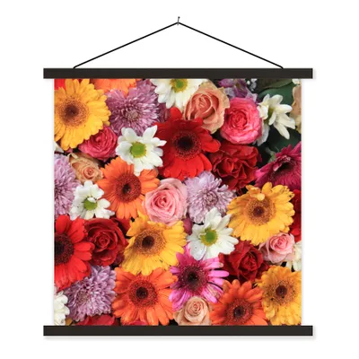 Produktbild von MuchoWow® Textilposter Blumen - Farben - Gerbera - Rosen 60x60 cm mit schwarzem Rahmen - Posteraufhänger