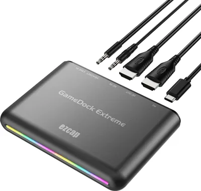 A gaming capture card and its accessories are shown on a white background.