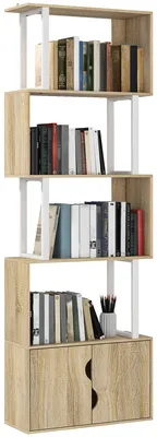 Image de Bibliothššque š€ 5 niveaux, meuble de rangement avec šŠtagššres et placard double porte, 60 x 23,8 x 179,2 cm, bois naturel