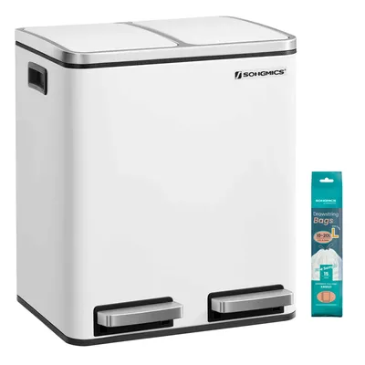 Produktbild von SONGMICS Mülleimer Küche, 2 x 15 L, Mülltrennsystem, Abfalleimer aus Metall, Treteimer mit Inneneimern und Griffen, Mülltrennung, Softclose, luftdicht, weiß LTB30WT