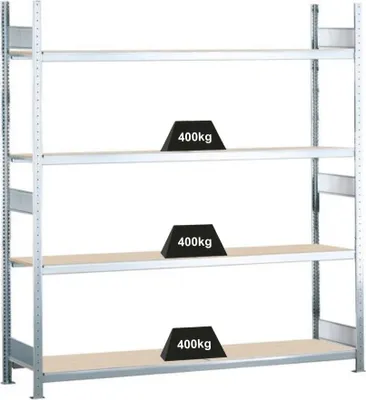 Produktbild von Schulte Weitspannregal mit Spanplatten WS 2000 | Grundregal | HxBxT 250x200x50cm | 4 Ebenen | Fachlast 400kg | Verzinkt
