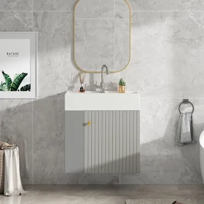Zdjęcie produktu dla Meble łazienkowe Sweiko Umywalka z szafką podumywalkową 55 cm, szafka podumywalkowa, szafka podumywalkowa wisząca jasnoszara, małe meble łazienkowe dla gości
