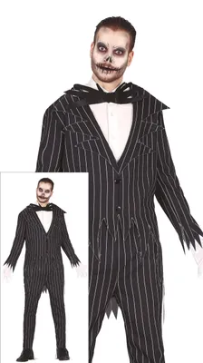 Obrázok produktu pre Skeletový kostým pre pánov, pruhovaný oblek s motýlikom "netopier", čierna farba, vhodný na Halloween alebo karneval, veľkosť: 52 - 54 (L)