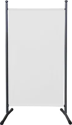 A white fabric screen is held up by a gray metal frame with two legs.