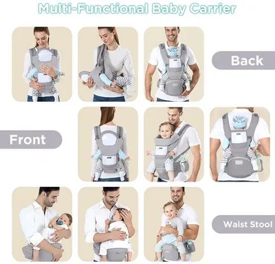 Obrázok produktu pre Unyqoos® Ergonomická nosička pre bábätká s bedrovým sedadlom – 9 nosných polôh, nastaviteľná opierka hlavy, priedušná tkanina 100% bavlna/3D sieťovina, vhodná pre deti od 0 do 36 mesiacov (3–30 kg), farba: sivá