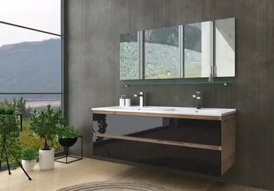 Produktbild von Doppelwaschtisch Schwarz  / Eiche Hochglanz  Doppel Waschbecken Badmöbel Set 120 ohne Hochschrank