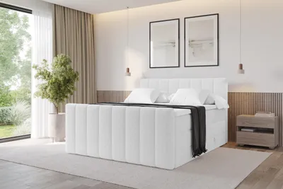 Produktbild von ALTDECOR Boxspringbett mit Fußteil - H3/H4 Matratze und Topper - OTTA-Z KING - 200x200 - Weiß - Doppelbett, Boxbett, Polsterbett mit Bettkasten mit Stauraum und Kopftei