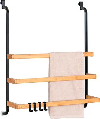 Produktbild von eluno Handtuchhalter für die Glasduschwand mit 3 Handtuchstangen aus Metall und Bambus, schwarz