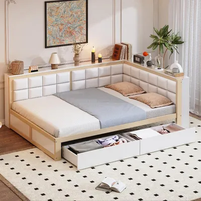 Productafbeelding van Slaapbank 140x200 cm van grenenhout met zachte rugleuning en 2 lades, jongerenbed met opbergruimte in houtkleur, geschikt voor een logeerkamer