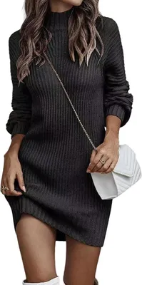Produktbild von ASKSA Damen Strickkleid Rollkragen Pullikleid Elegant Pulloverkleid Freizeit Midikleid Tops, Schwarz, L