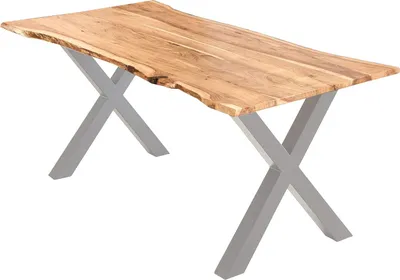 Produktbild von Esstisch 180x90 cm Burgos, Akazienholz massiv + naturfarben + lackiert, echte Baumkante, Baumkantentisch mit X-Gestell aus Metall Silber, Tischplatte 26 mm