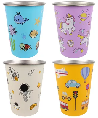 4er-Set Kinderbecher Edelstahl 350 ml mit Aufbewahrungstasche