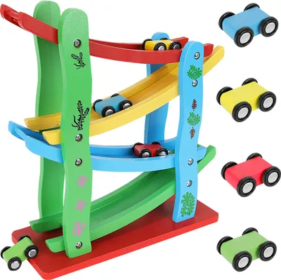 Produktbild von Autorennbahn aus Holz mit 4 Fahrzeuge Kugelbahn Auto Rennbahn Kinderspielzeug ab 3 Jahre 9349