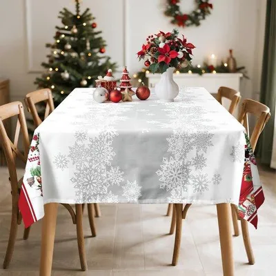 Obrázek produktu pro Uniqoos® Obdélníková vánoční ubrus s motivem sněhuláka, vánočního stromku a sněhových vloček, polyester, 152 x 213 cm – slavnostní ubrus pro jídelní stůl a bufet