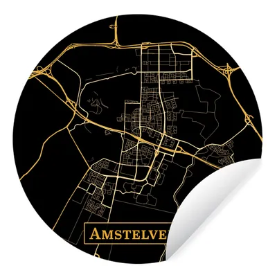 Image de Papier peint - Rond - Carte - Amstelveen - Noir - Or - Diamètre 80 cm - Auto-adhésif