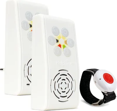 Produktbild von HelpLine 230 Senioren Sicherheitspaket 5, Hausnotruf mit Notrufarmband und 2 Funk-Empfängern für die häusliche Pflege; Notrufsystem: 2x Rufmelder und SOS Notruf Armband; Pflegeruf Set