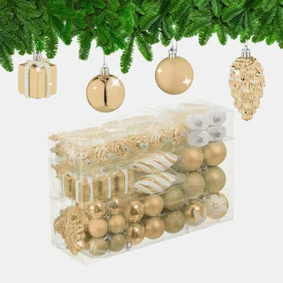 Image de Lot de 72 boules de Noël Relaxdays : boules scintillantes, mates et brillantes, bottes, cœurs et pommes de pin, PS, champagne