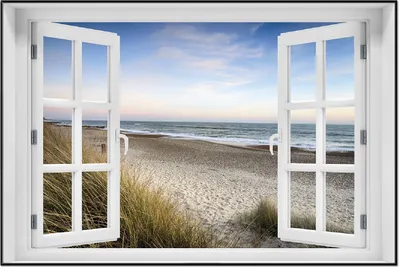 Produktbild von Wallario Wandbild mit Fenster-Illusion: Strandspaziergang im Urlaub an der Ostsee, Größe: 61 x 91,5 cm, Poster mit schwarzem Aluminiumrahmen