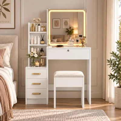 Imagen del producto de Tocador INONEFT con espejo con iluminación LED, armario con espejo, taburete, 4 estantes abiertos, 4 cajones, 3 compartimentos cerrados, color blanco, Imagen generada por IA