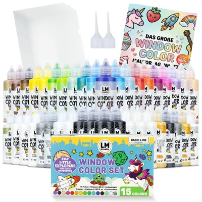 Produktbild von LM-Kreativ Window Color XXL 40er Set Farbmix mit Konturen & Bonus-Sets – abziehbare Fensterfarbe auf Wasserbasis für Glas, Spiegel und Fliesen