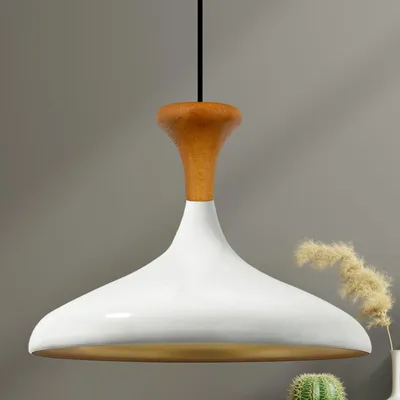 Produktbild von Champion Pendelleuchte aus Holz, 35 cm Hängelampe Metall E27 Moderne, Skandinavisch Pendellampe für Schlafzimmer Wohnzimmer Esstisch Lampe - Weiß