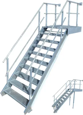 A galvanized steel staircase with a platform and railings, shown against a white background. A smaller, similar staircase is visible in the lower right corner.