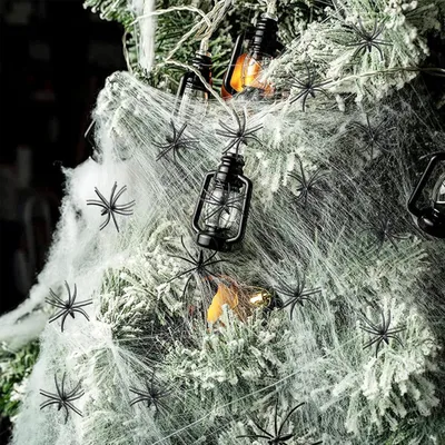 Zdjęcie produktu dla 100 g pajęczyny na Halloween, elastyczna - zestaw 60 sztuk - do użytku wewnątrz i na zewnątrz - rekwizyty do domu strachów