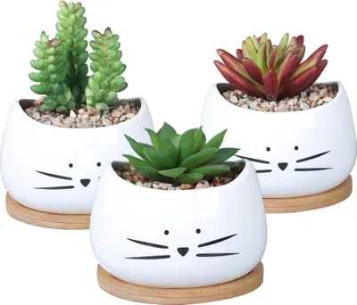 Produktbild von 4 Zoll süße Katze Keramik Sukkulenten Pflanzgefäße mit abnehmbarer Untertasse Einzigartige Kaktus Pflanzgefäße Dekorativer Blumentopf aus Porzellan für Katzenliebhaber 3er-Set
