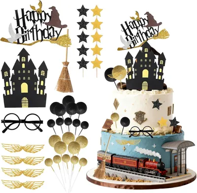 Image de Décorations de gâteau sur le thème des sorciers - Coffret de 38 pièces - Ensemble de décorations pour gâteaux d'anniversaire et de cupcakes
