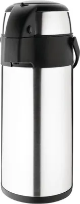 A silver and black pump pot is shown against a white background.