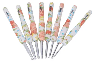 Produktbild von 8-teiliges Häkelnadel-Set aus bedrucktem Aluminium, bunte Häkelnadeln für DIY-Projekte, ergonomische Stricknadeln für Stricker und Näher, kleine gelbe Blume