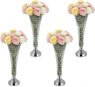 Produktbild von VEVOR 4 Stk. Hochzeitsvasen Tafelaufsatz Blumenvasen für Hochzeit 51 cm Hoch, Metall Tafelaufsatz Vasen mit Kristall Blumenständern, Trompete Vase für Hochzeiten Party Jubiläumsfeier Zeremonie, Silber