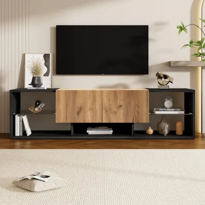 Image de Meuble TV avec plateau en verre et deux tiroirs - meuble TV noir, design épuré