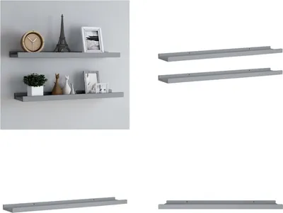 Two grey shelves mounted on a light grey wall, with decorative items on them. Another set of shelves are shown separately on a white background.