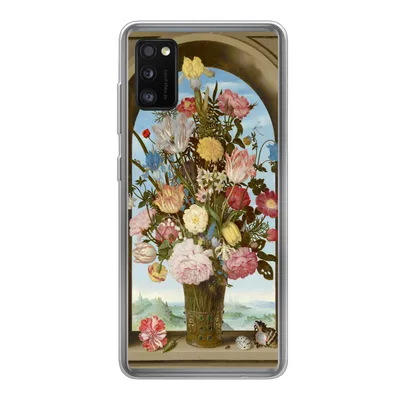 Produktbild von MuchoWow® Handyhülle Schutzhülle Hülle für Samsung Galaxy A41 Vase mit Blumen in einem Fenster - Gemälde von Ambrosius Bosschaert dem Älteren Silikon Softcase Handy Hülle - Mobiltelefon