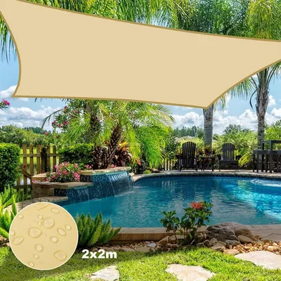 Produktbild von Sonnensegel Wasserdicht Rechteckig 2x2M, Sonnenschutz Segeltuch Reißfest 420D Oxford Gewebe Ösen Seile, Windschutz Beige Balkon Garten Camping