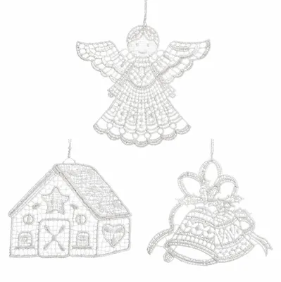 Weihnachtsanhänger aus Plauener Spitze, 3 Motive, 7–7,5 cm