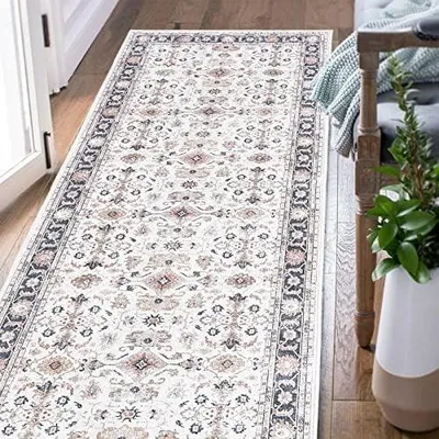 Image de Omgoods - Tapis vintage à motifs floraux, couleur marron, 60 x 210 cm - Antidérapant et lavable