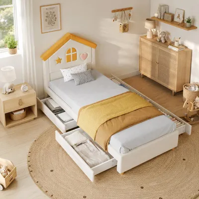 Produktbild von Kinderbett 90x200 cm Hausbett Polsterbett, mit 4 Schubladen, Stauraumbett für Kinderzimmer, Jugendbett mit Samt, mit Haus-Kopfteil, Beige